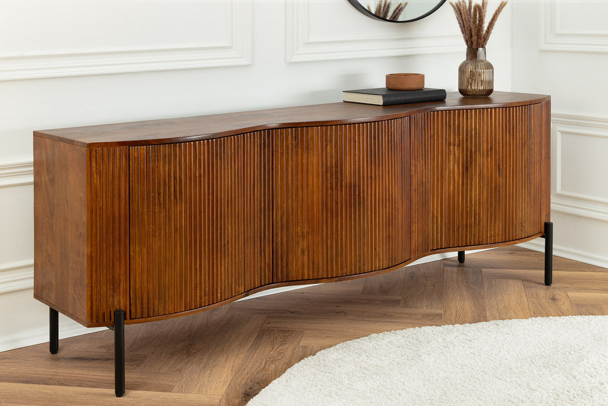 Sideboard GRANDEUR 180cm 3D Retro-Stil Mangoholz braun mit schwarzen Metallbeinen