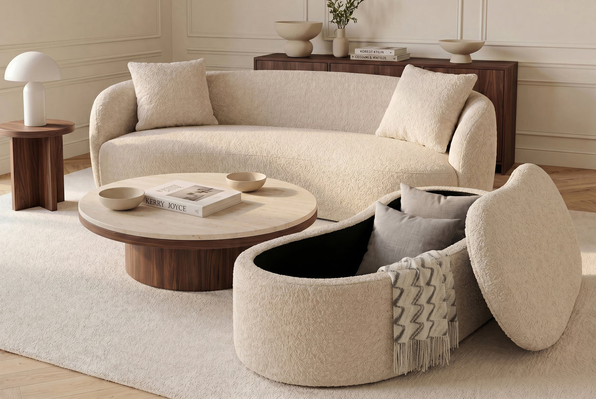 Bench chest ELEMENTAL 120cm upholstered w/ storage space bouclé champagne beige