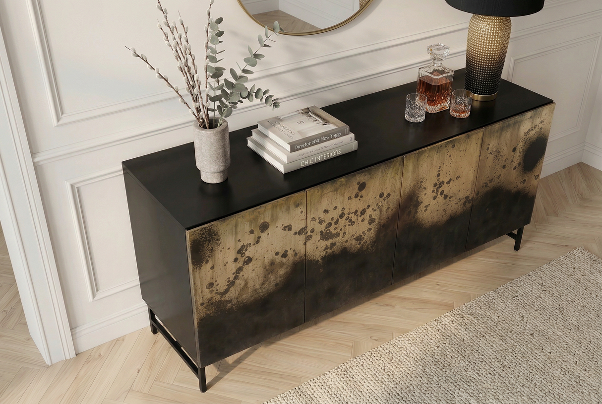 Sideboard OXID 180cm Metall schwarz gold massives Mangoholz