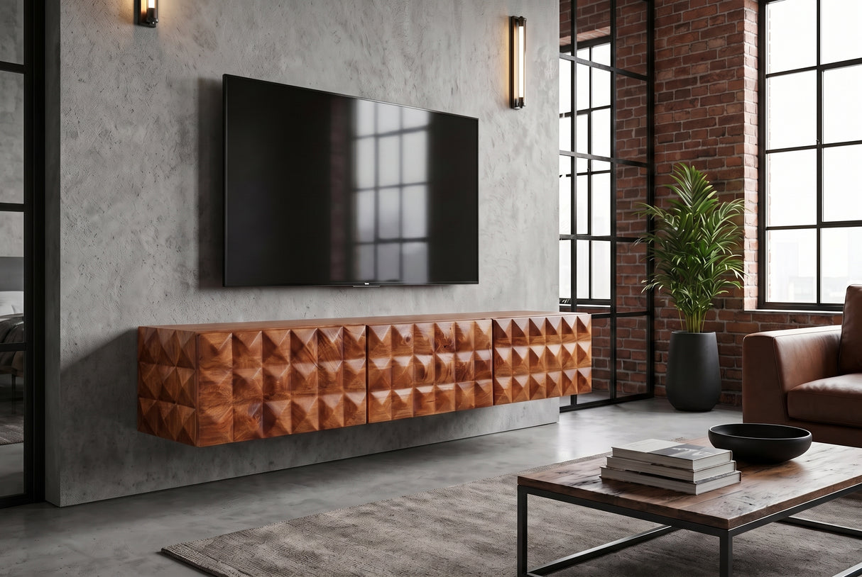 TV-Board VULCANO 160cm 3D hängend m. Kabeldurchlass Mangoholz natur