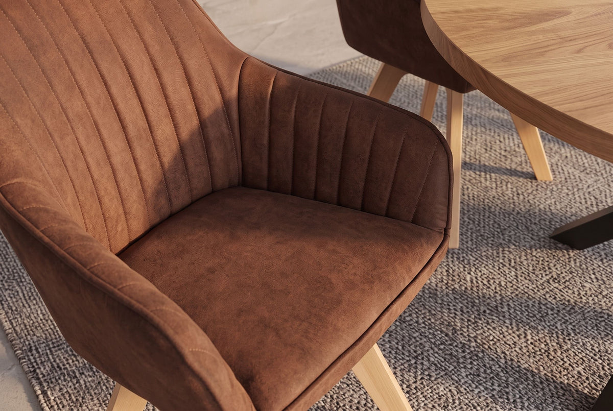 Swivel chair LIVORNO 180° auto-return w/ armrests microfibre vintage brown beech wood frame