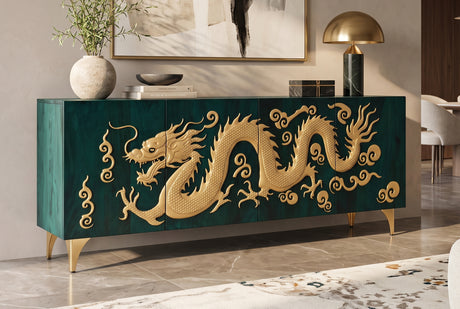 Sideboard DRAGON 180cm 3D dragon front mango wood turquoise w/ gold coloured details