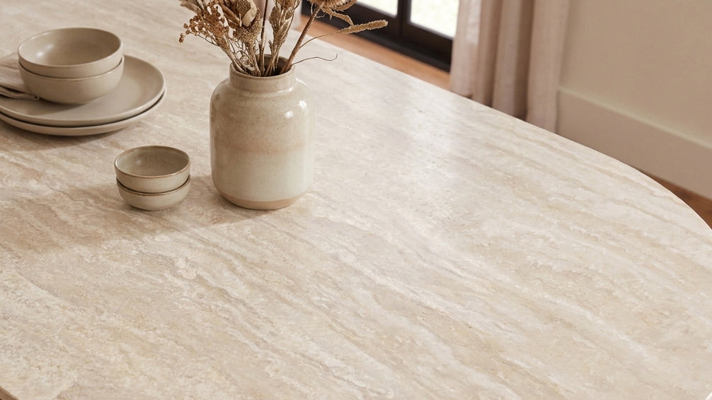 Dining table UNIQUE 200cm oval oak wood verneered w/ travertine top pedestal base
