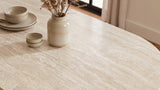 Dining table UNIQUE 200cm oval oak wood verneered w/ travertine top pedestal base