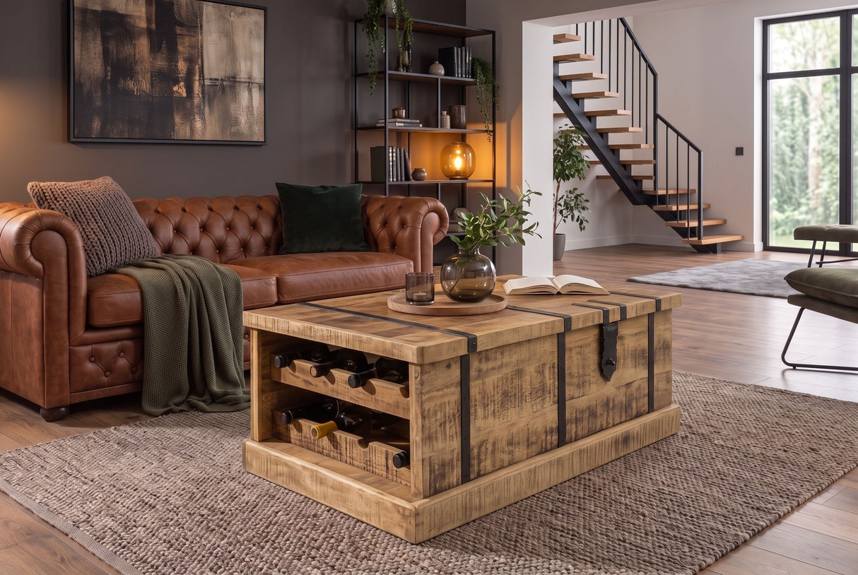 Coffee table BODEGA 100cm w/ wine shelf and storage space mango wood natural