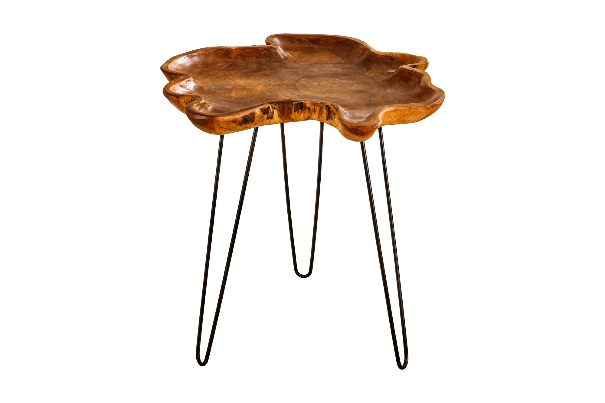 Living - Masuta laterala WILD 65cm din lemn de tec maro natural cu picioare negre in forma de ac de par