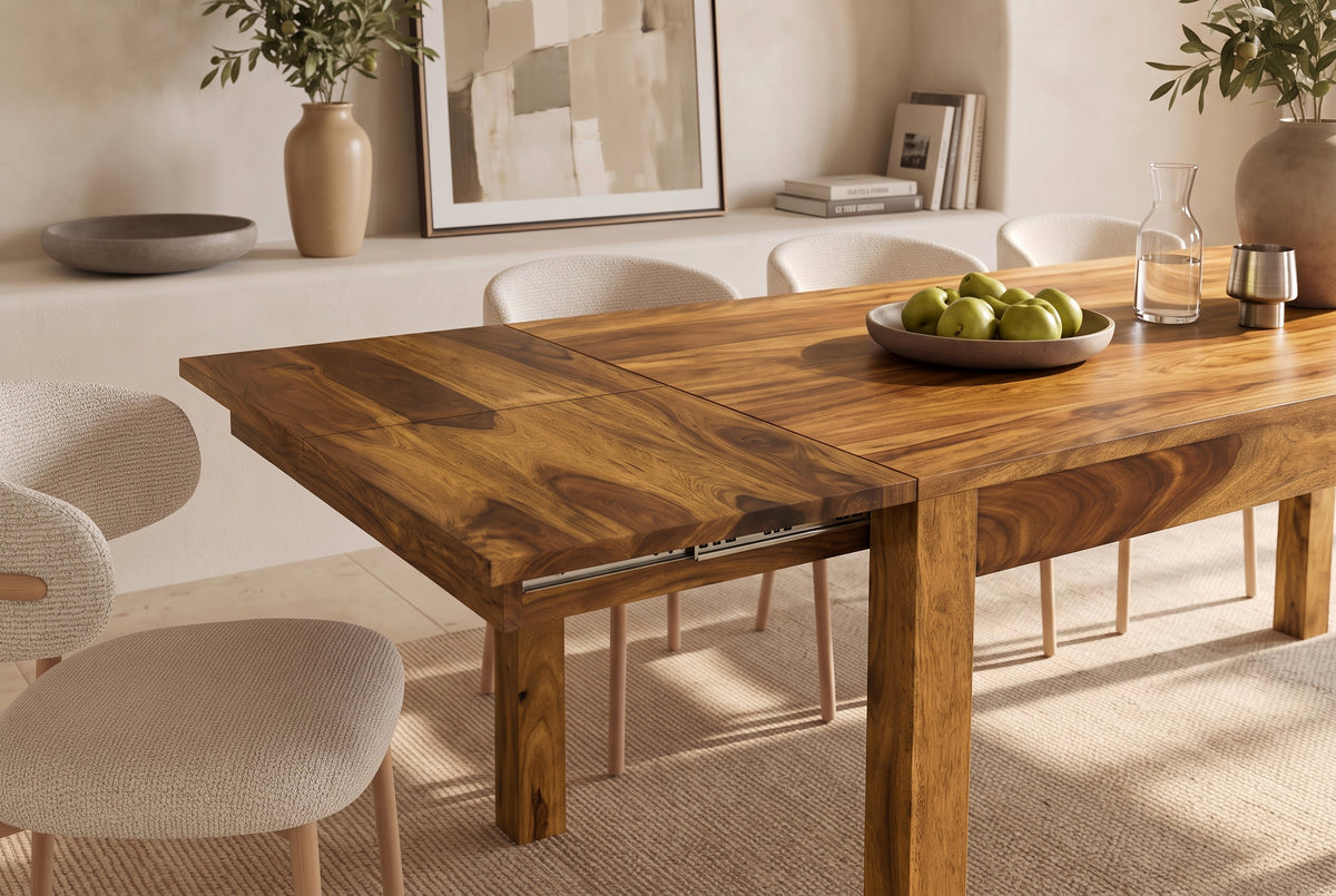 Dining table MAKASSAR 160-240cm extendable sheesham wood brown stone finish