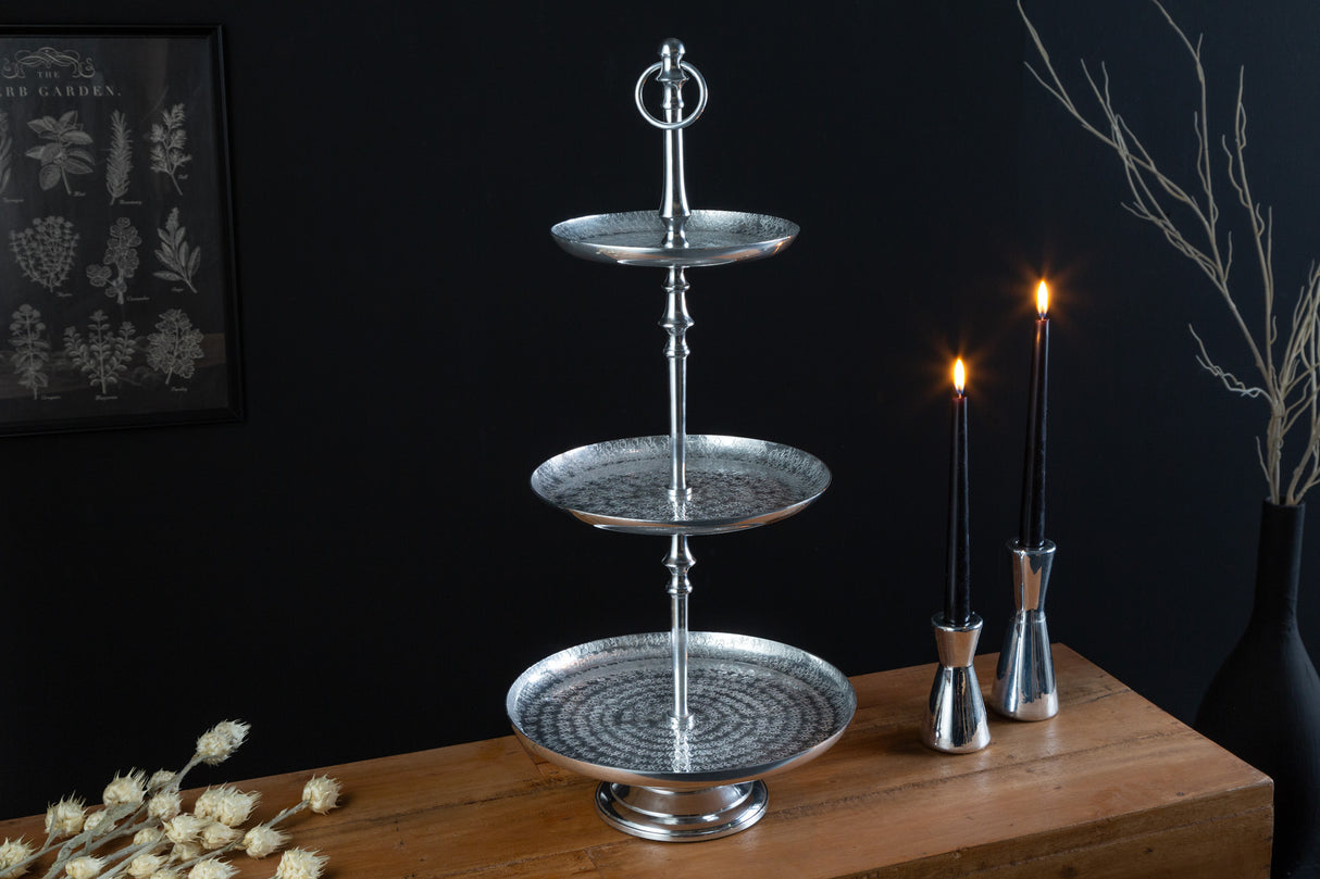 Etagere ORIENT 65cm 3 Tabletts mit Hammerschlageffekt silber