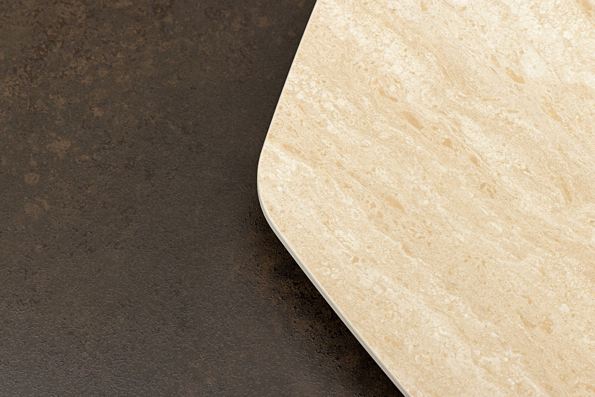 Couchtisch MOVEMENT 80-130cm drehbare Keramikplatte Naturtravertin und Rostoptik