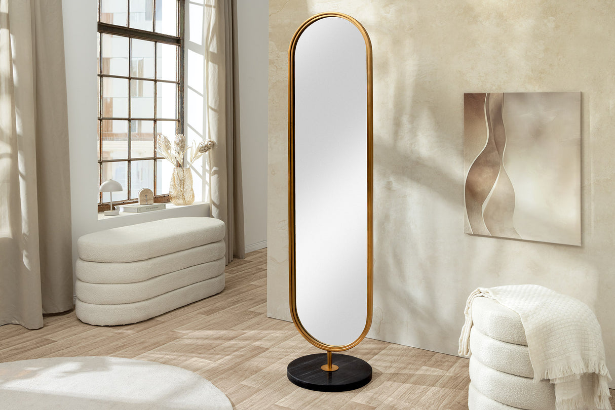 Standspiegel PORTRAIT 175cm oval gold mit schwarzem Marmorsockel
