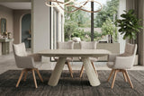 Dining table VOGUE 160-240cm extendable w/ metal frame travertine ceramic top champagne greige beige