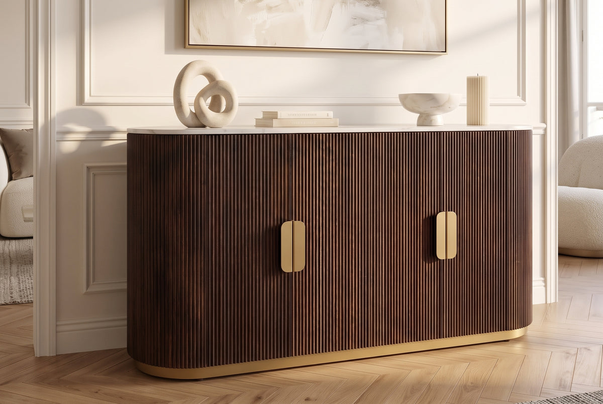 Sideboard GATSBY 140cm mango wood brown marble top white