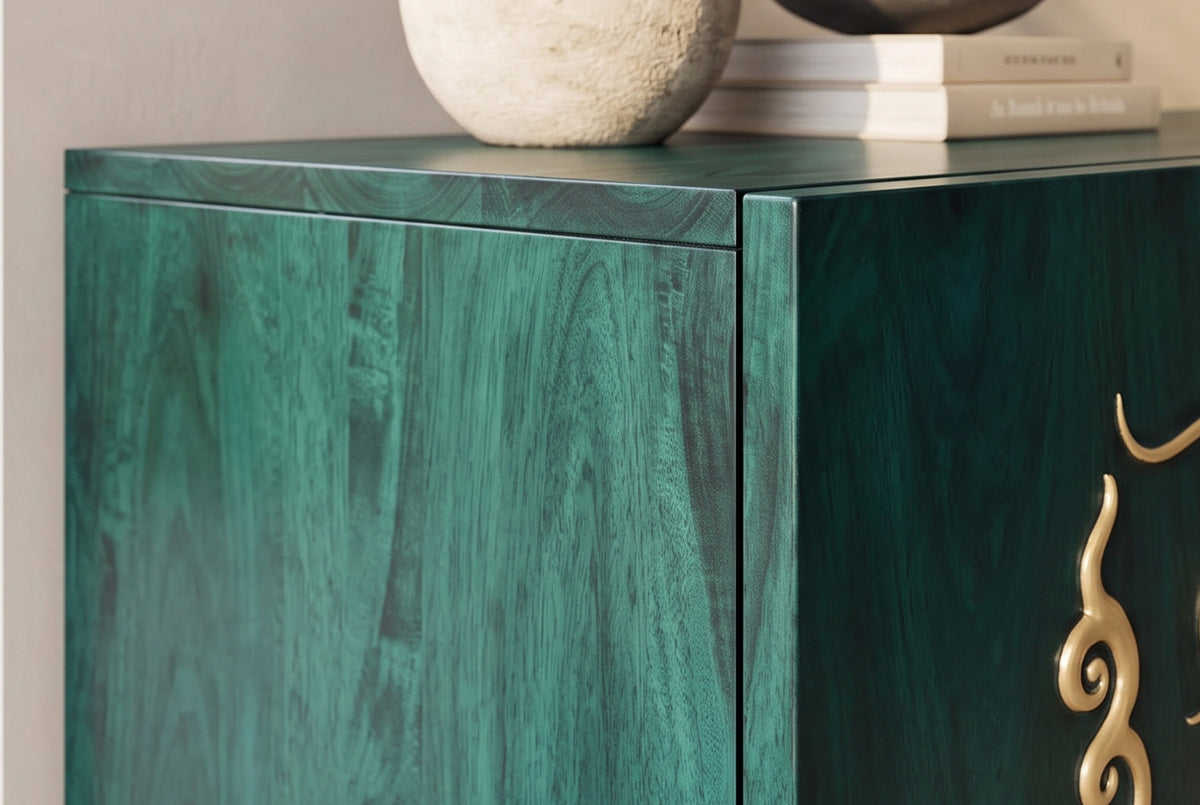 Sideboard DRAGON 180cm 3D dragon front mango wood turquoise w/ gold coloured details
