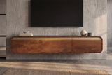 TV-Board MONZA 160cm w/ cable management hanging fluted front brown mango wood gold details