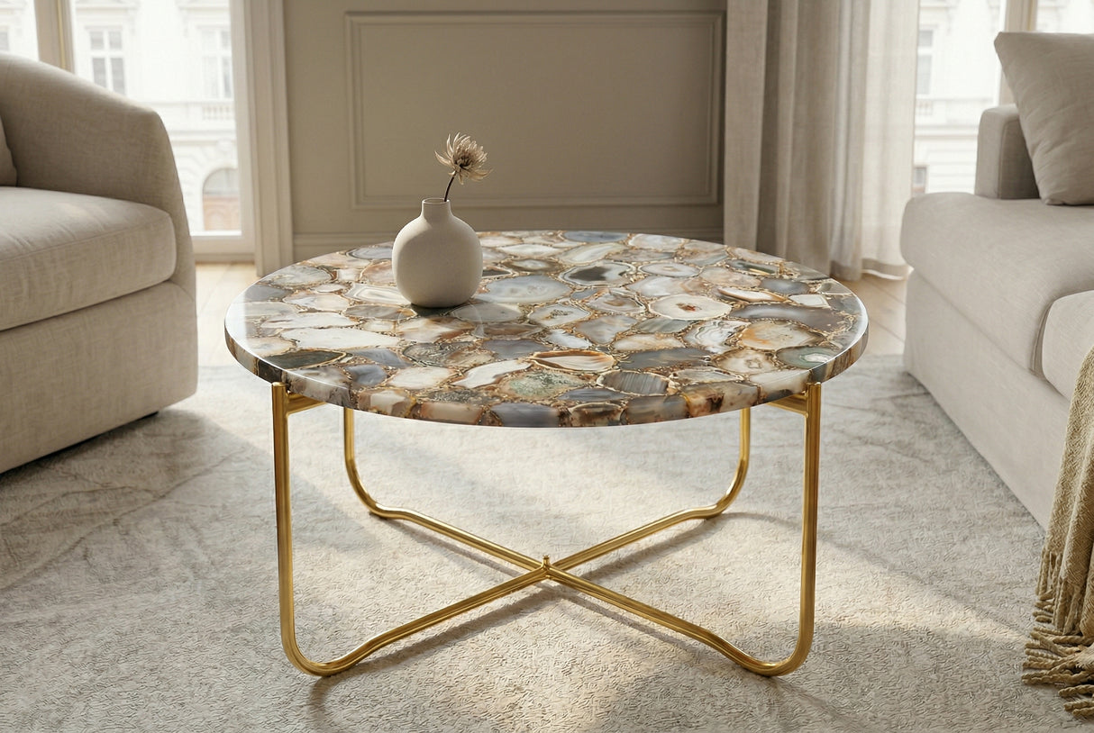 Coffee table NOBLE 65cm agate blue w/ removable plate white