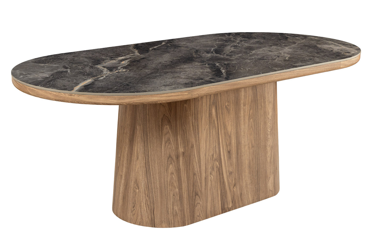 Dining table UNIQUE 200cm oval frame walnut wood verneered ceramic grey marble top
