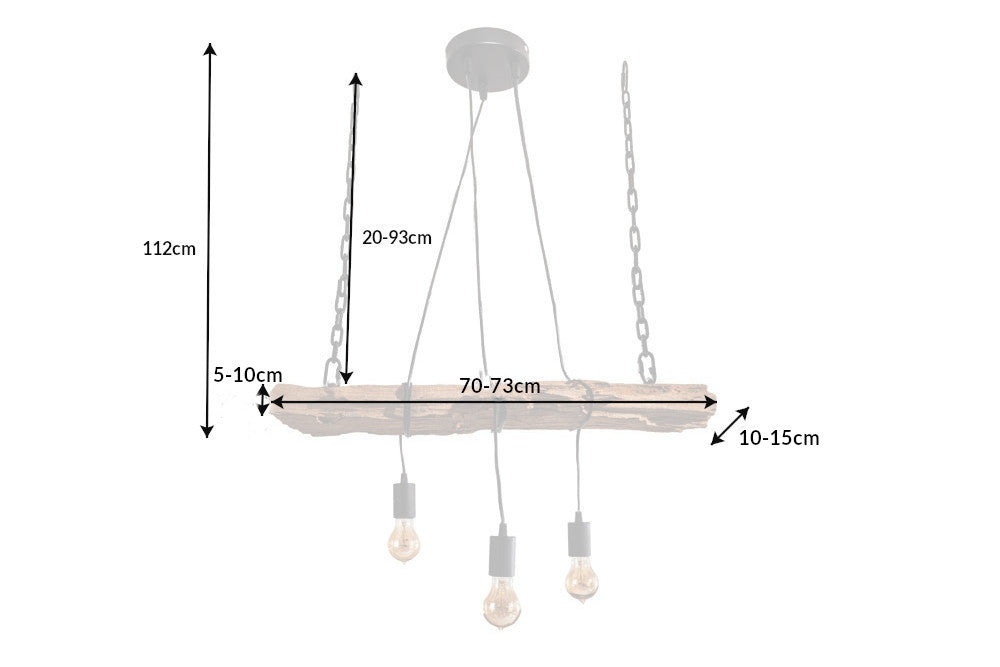 Suspension BARRACUDA 70cm pour 3 ampoules en bois recyclé