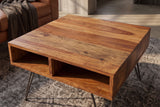 Coffee table SCORPION 60cm w/ open storage space sheesham wood brown stone finish hairpin legs