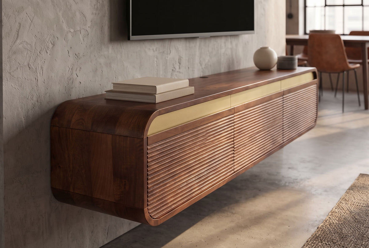 TV-Board MONZA 160cm w/ cable management hanging fluted front brown mango wood gold details