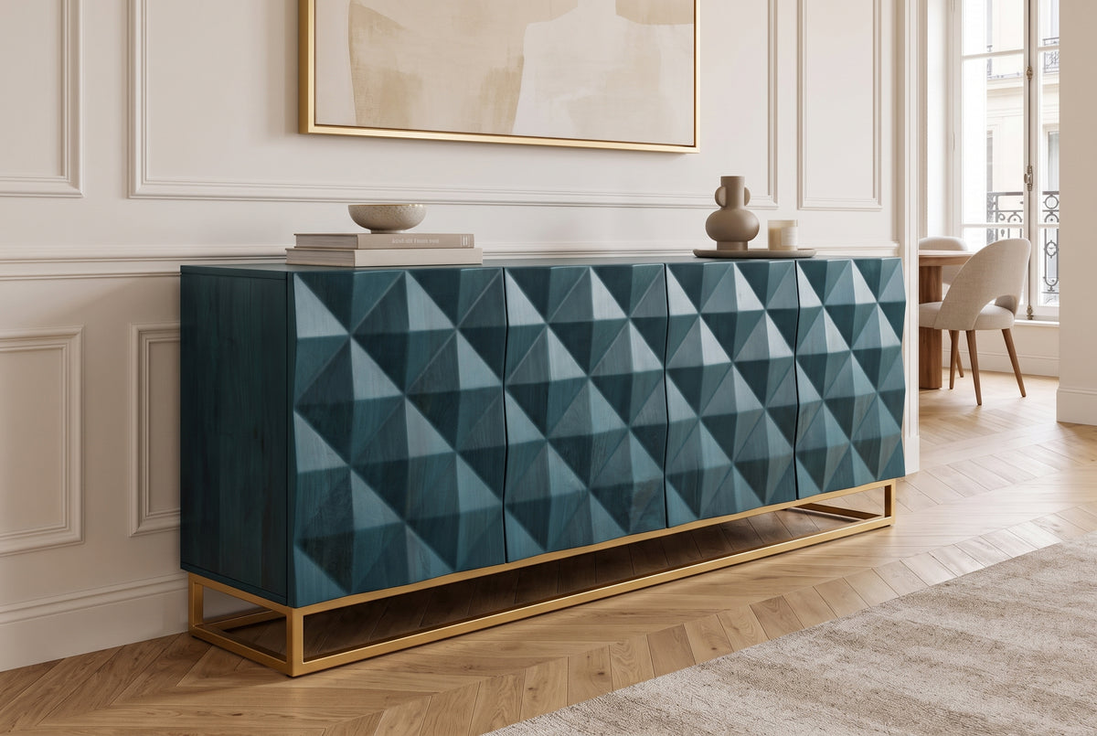 Sideboard VULCANO 180cm 3D front mango wood turquoise w/ gold metal frame