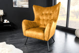 Wing chair AMSTERDAM velvet mustard yellow black metal legs