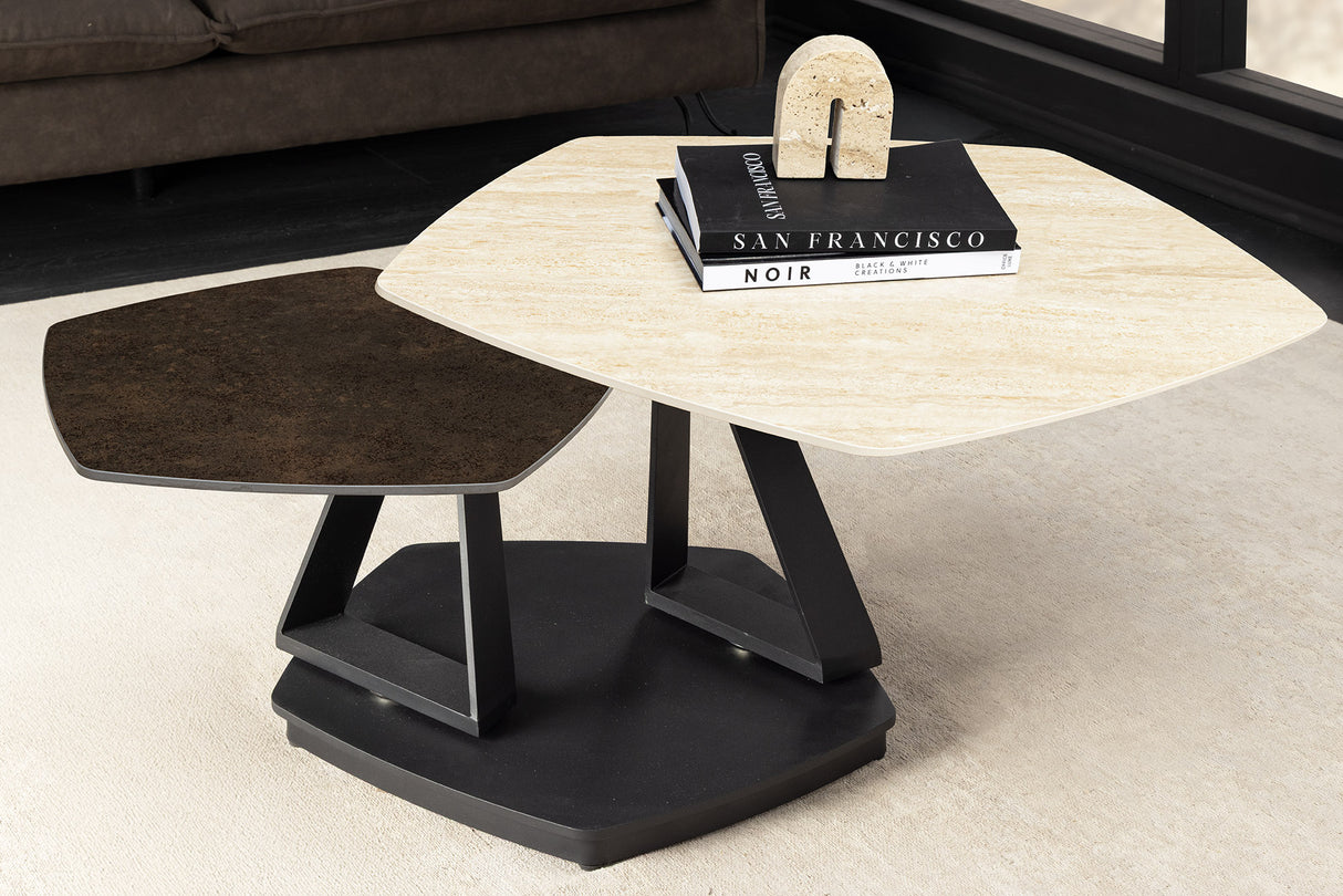 Couchtisch MOVEMENT 80-130cm drehbare Keramikplatte Naturtravertin und Rostoptik