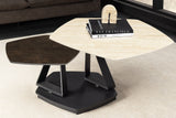 Couchtisch MOVEMENT 80-130cm drehbare Keramikplatte Naturtravertin und Rostoptik
