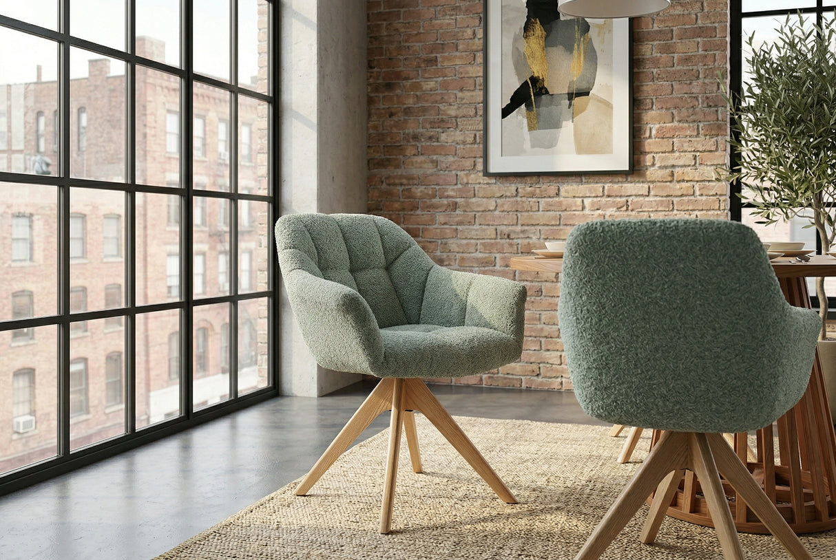 Swivel chair PAPILLON rotatable 180° sage green bouclé w/ armrests oak look legs