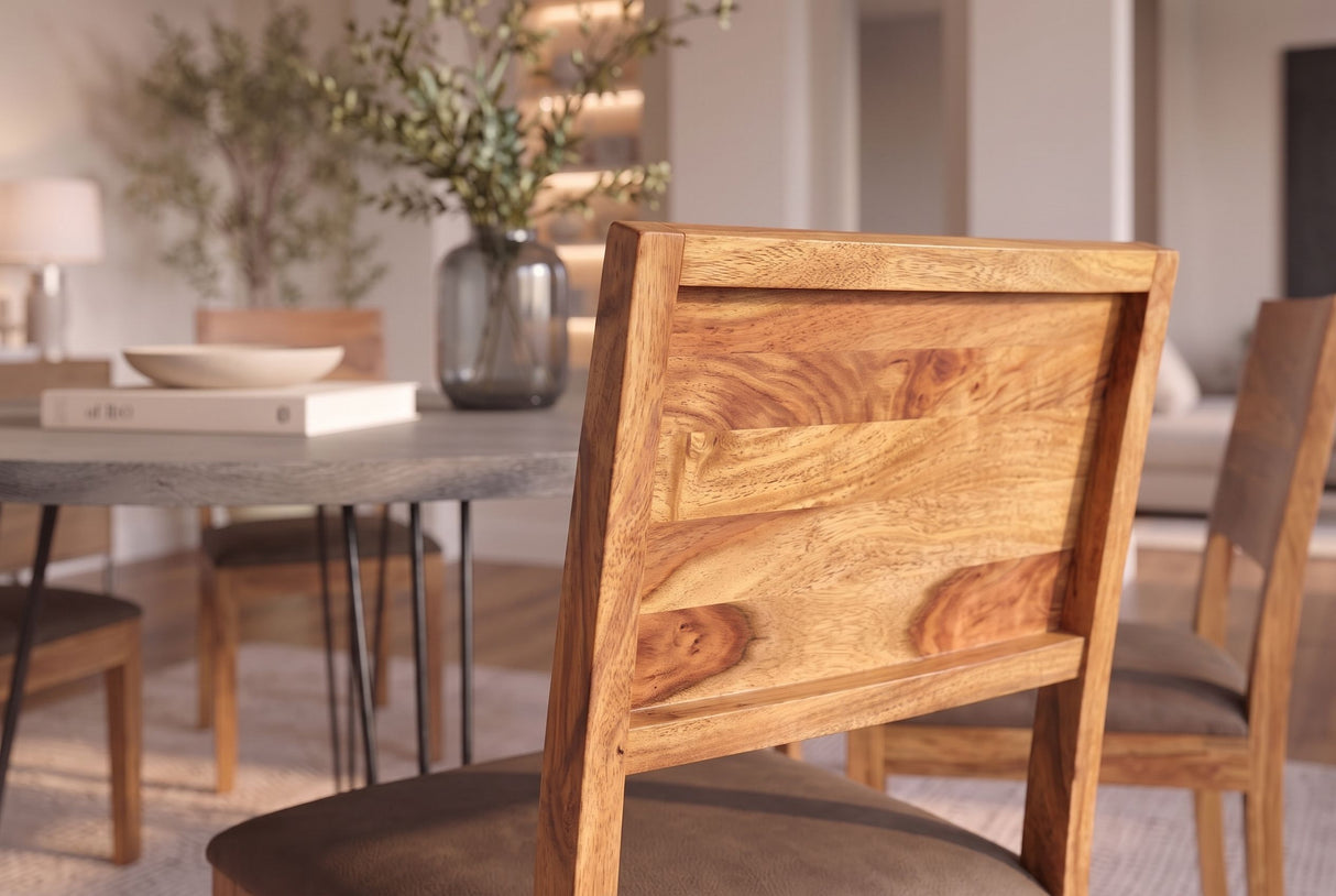 Chair MAKASSAR 80cm microfibre brown and sheesham wood brown stone finish