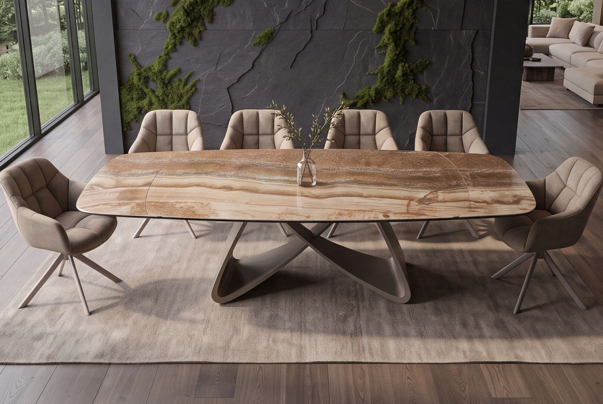 Dining table INFINITY 180-220-260cm boat-shaped extendable spanish onyx ceramic rust brown