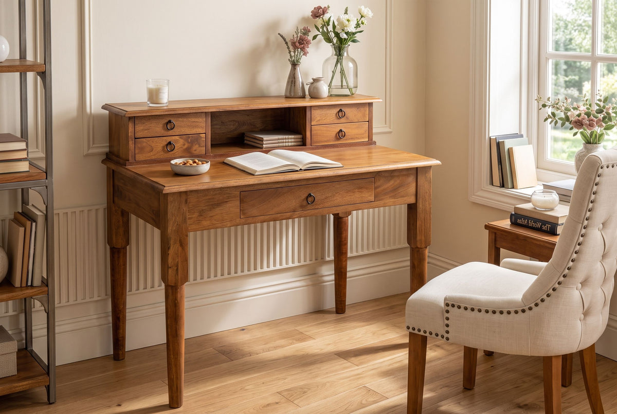 Davenport Schreibtisch HEMINGWAY 90cm mit Schubladen und offenem Ablagefach Mangoholz braun honigfarbenes Finish