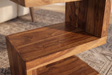 Side table S 60cm S-shape w/ open storage space sheesham wood brown stone finish