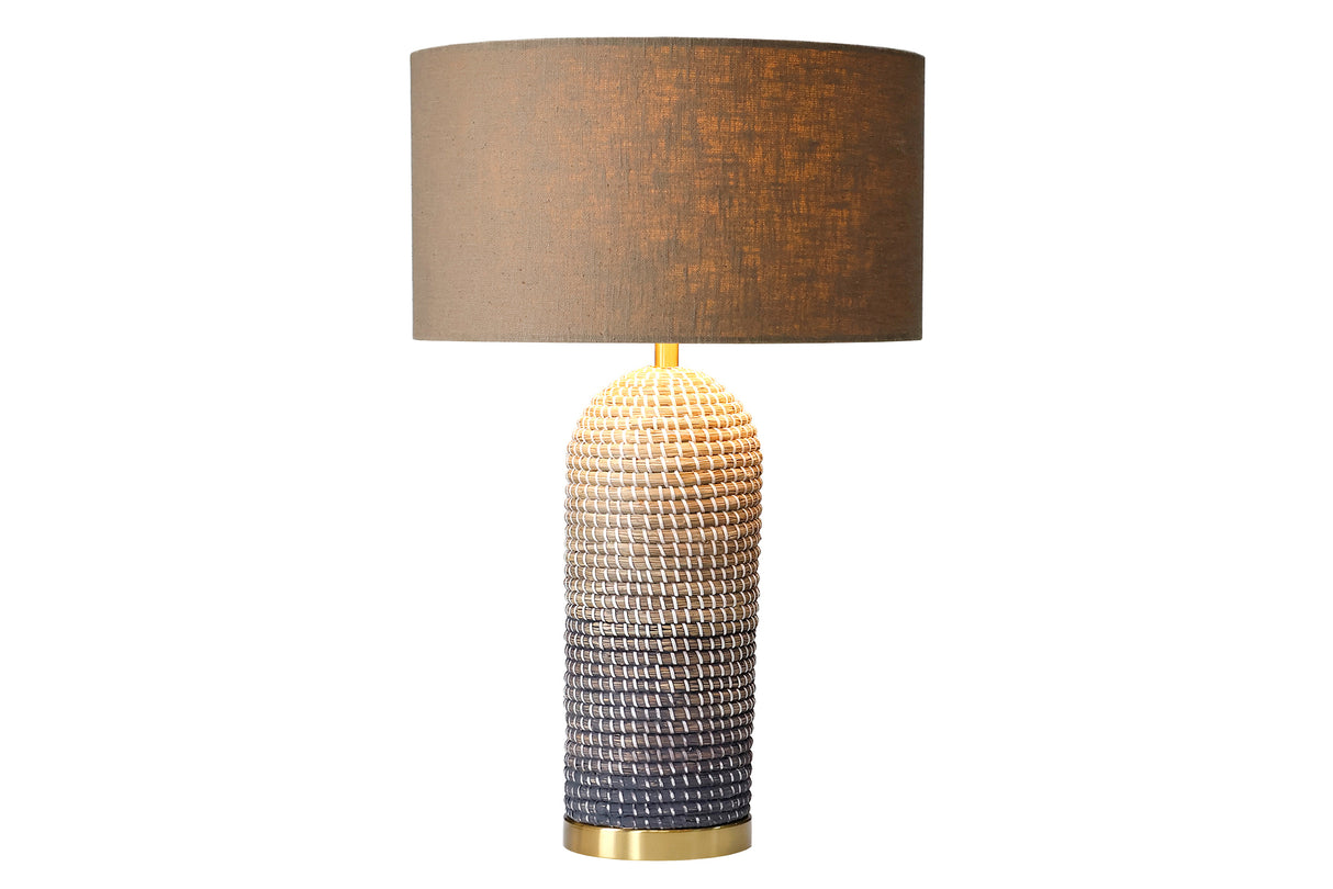 Tischleuchte ZEA 60cm Farbverlauf Seegras natur braun gold mit Lampenschirm grobes Leinen braun