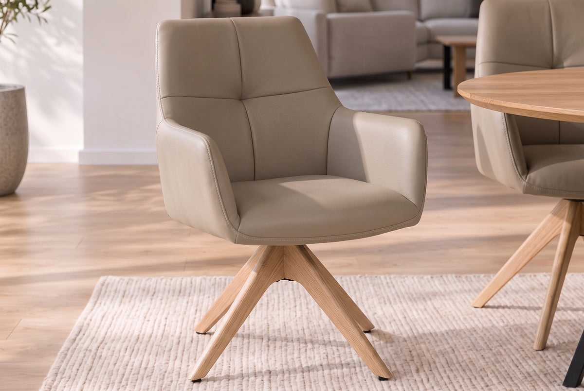 Swivel chair ALMARA 360° auto-return w/ armrests pocket spring core leather taupe oak wood frame