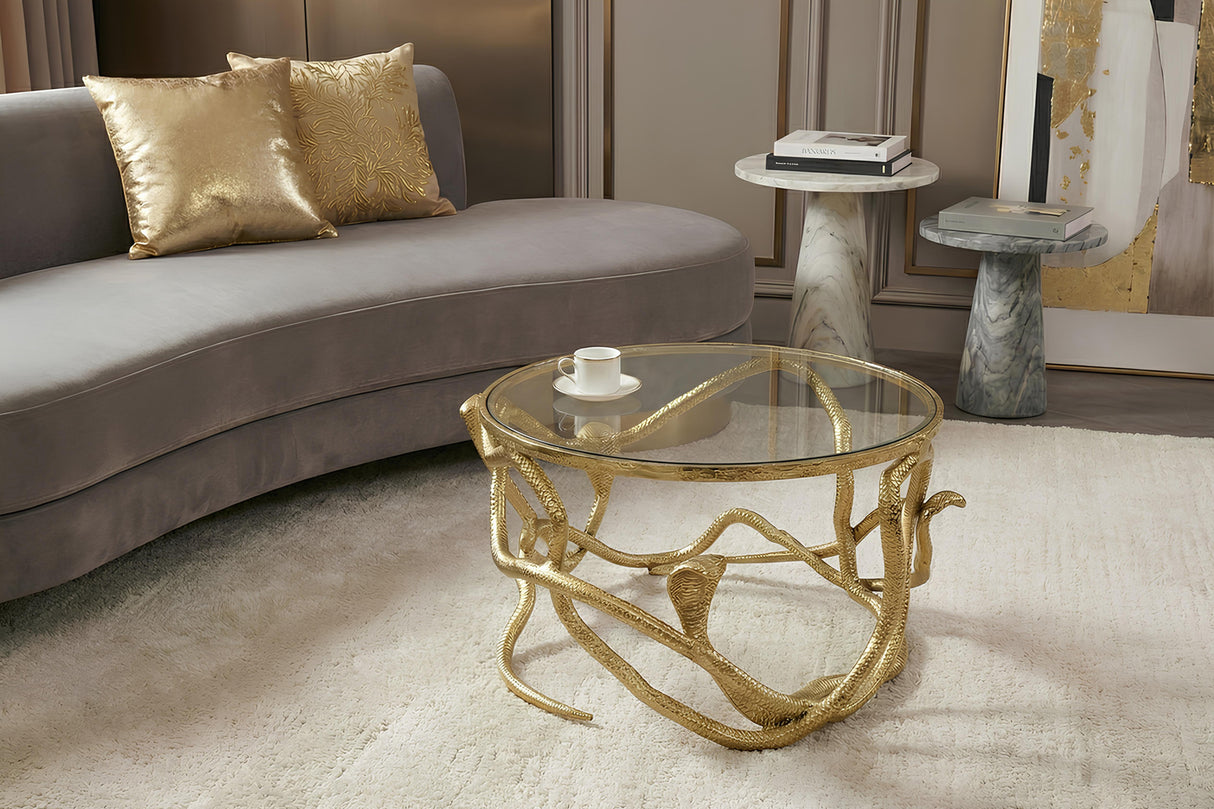 Coffee table SNAKE 70cm gold with glass plate