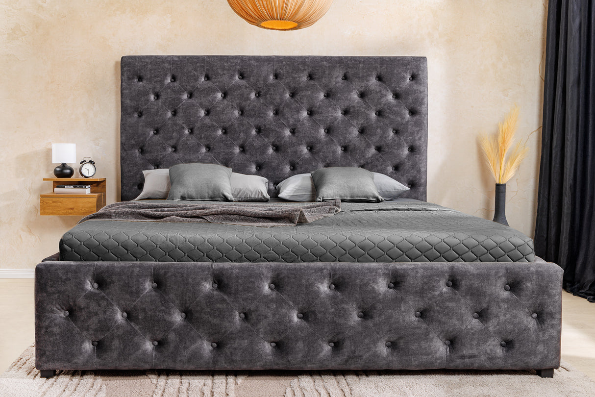 Bett PARIS 160x200cm CHESTERFIELD-Look Samt grau mit Stauraum