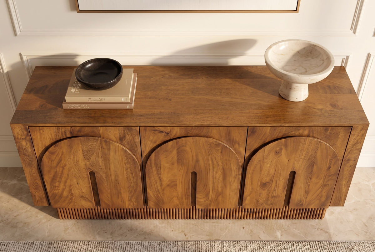 Sideboard ARCADIA 160cm arched front fluted pedestal base mango wood brown