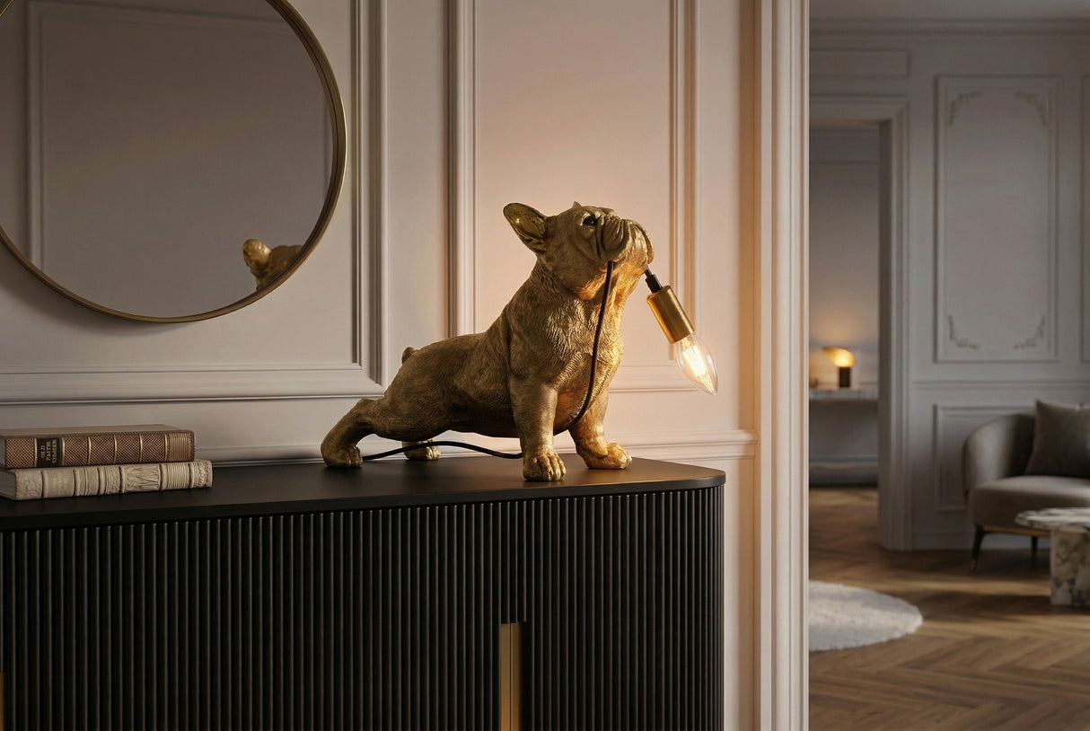 Tischleuchte BULLDOG 35 cm goldene Hundeskulptur