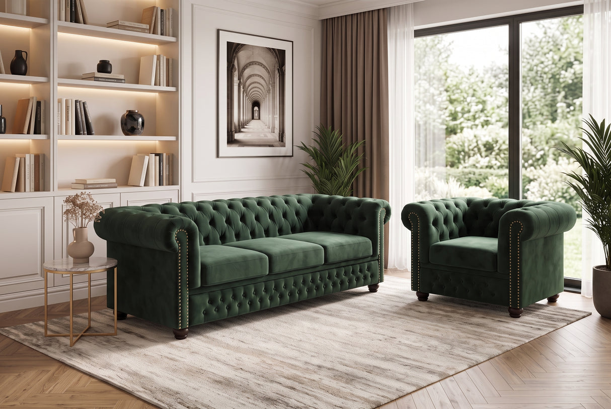 Armchair CHESTERFIELD antique look velvet emerald green