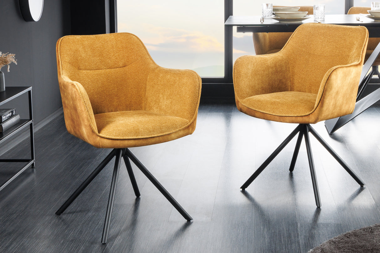 Swivel chair VERONA textured cloth and velvet mustard yellow