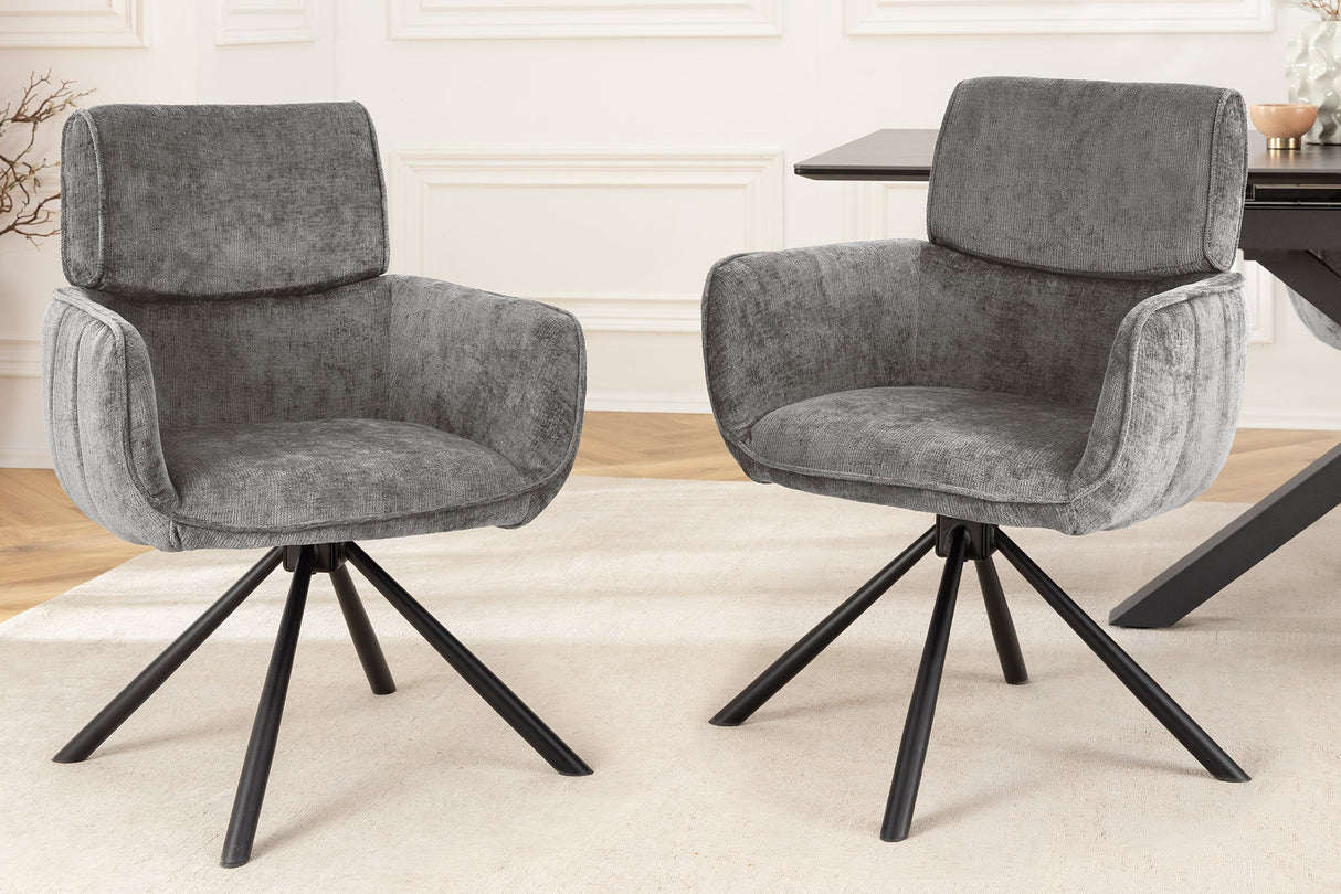 Swivel chair UNIQUE 180° w/ armrests chenille fabric grey and black legs