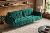 Sofa bed DIVANI 220cm 3-seater w/ armrest cushions velvet emerald green metal feet gold
