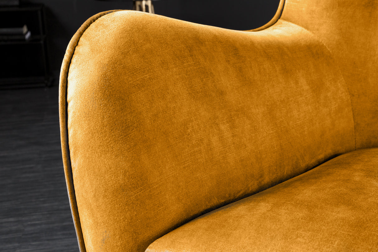 Wing chair AMSTERDAM velvet mustard yellow black metal legs