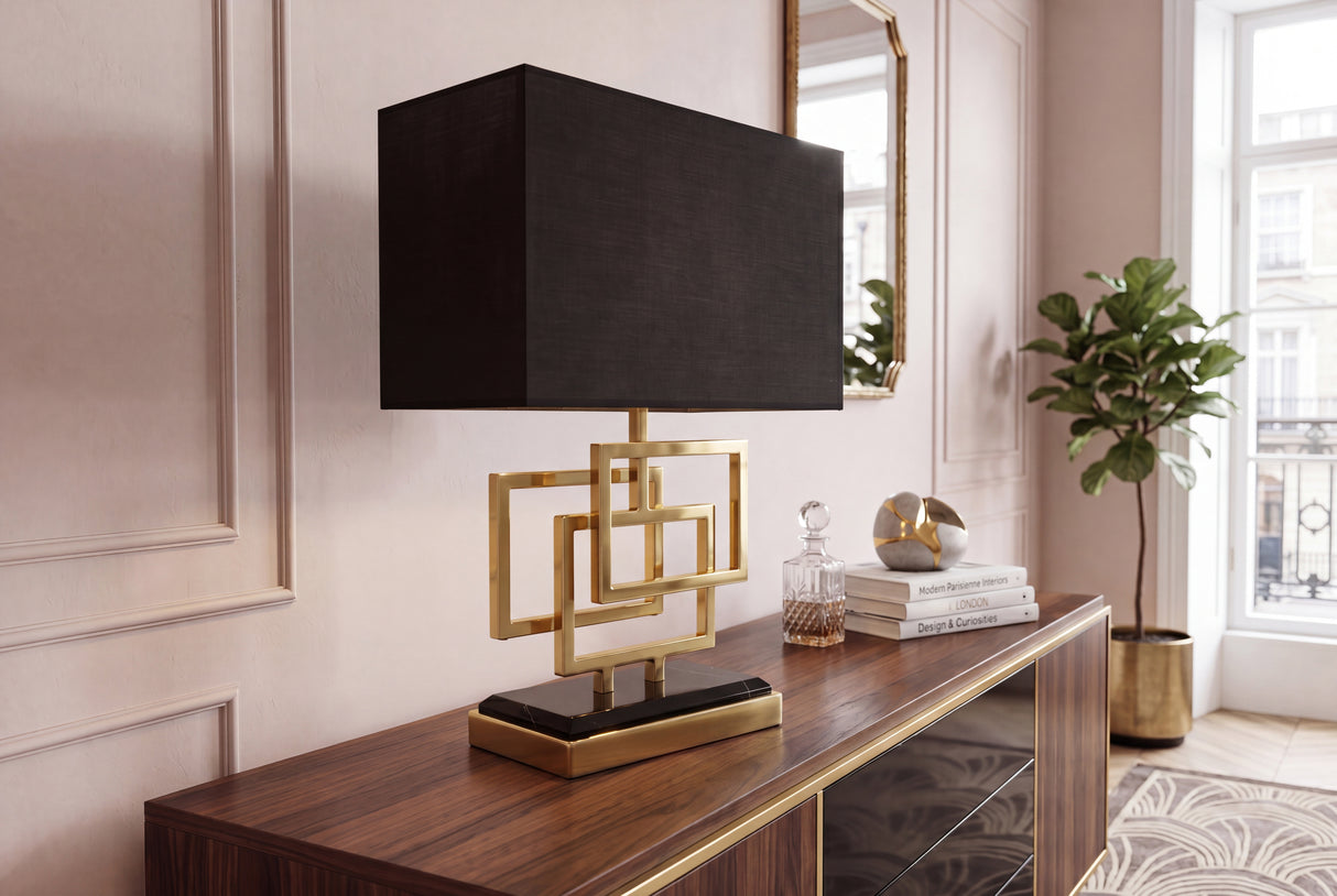 Table lamp ATLANTIS 56cm gold with fabric shade black