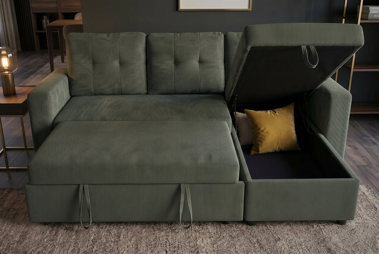 Ecksofa APARTMENT 205cm 3-Sitzer mit Ottomane und Stauraum Samt grün