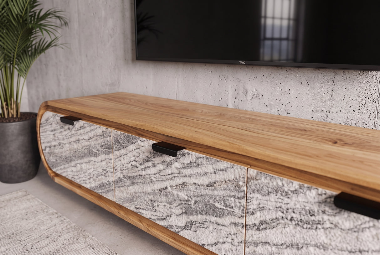 TV-Board ORGANIC 160cm hanging acacia wood natural w/ stone look front