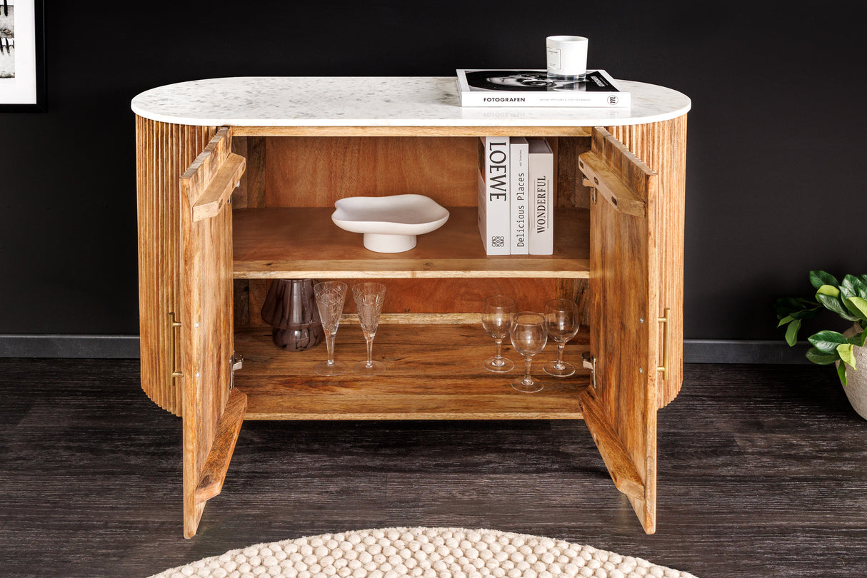 Sideboard TRES CHIC 105cm Mangoholz natur mit weißer Marmorplatte und goldenen Griffen