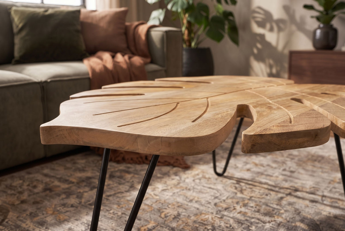 Couchtisch LEAF 75 cm mit Hairpin-Beinen Mangoholz natur