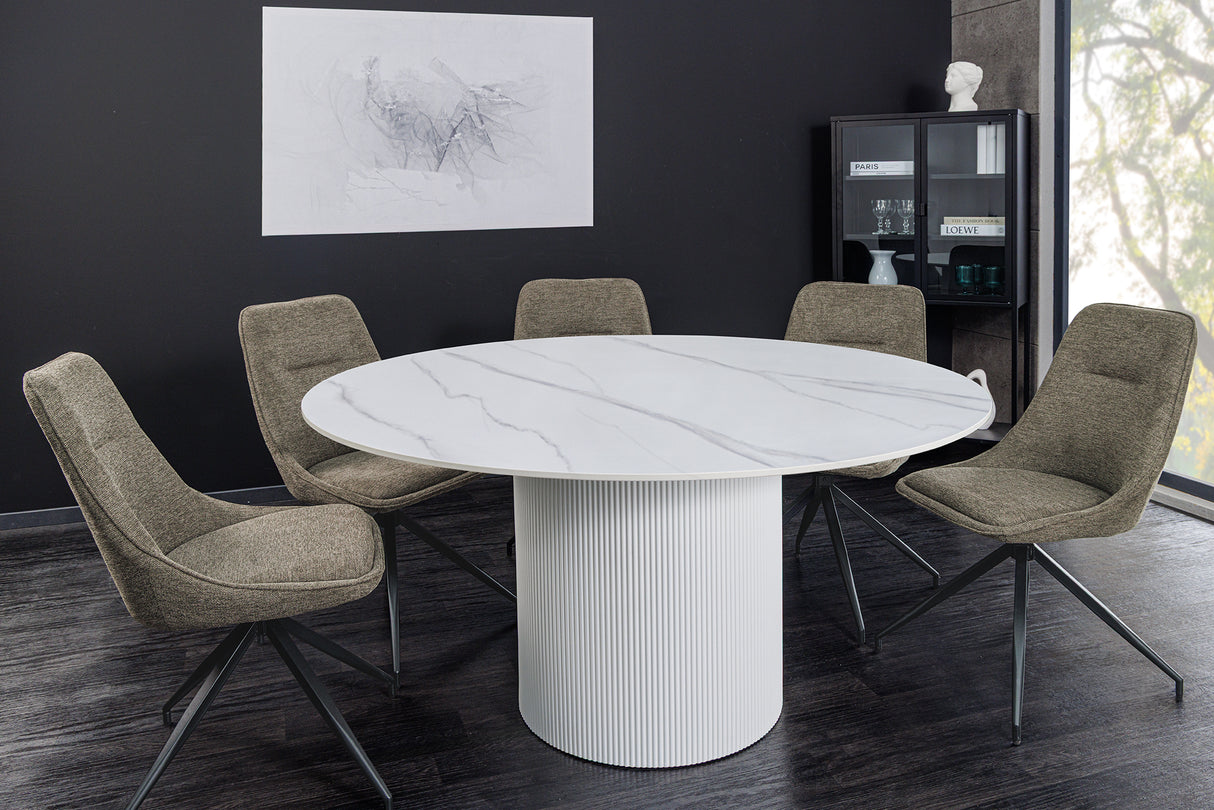 Dining table UNIQUE 120cm round white frame ceramic white marble top