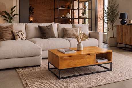 Coffee table MAKASSAR FUNCTION 110cm height adjustable mango wood honey finish w/ storage space